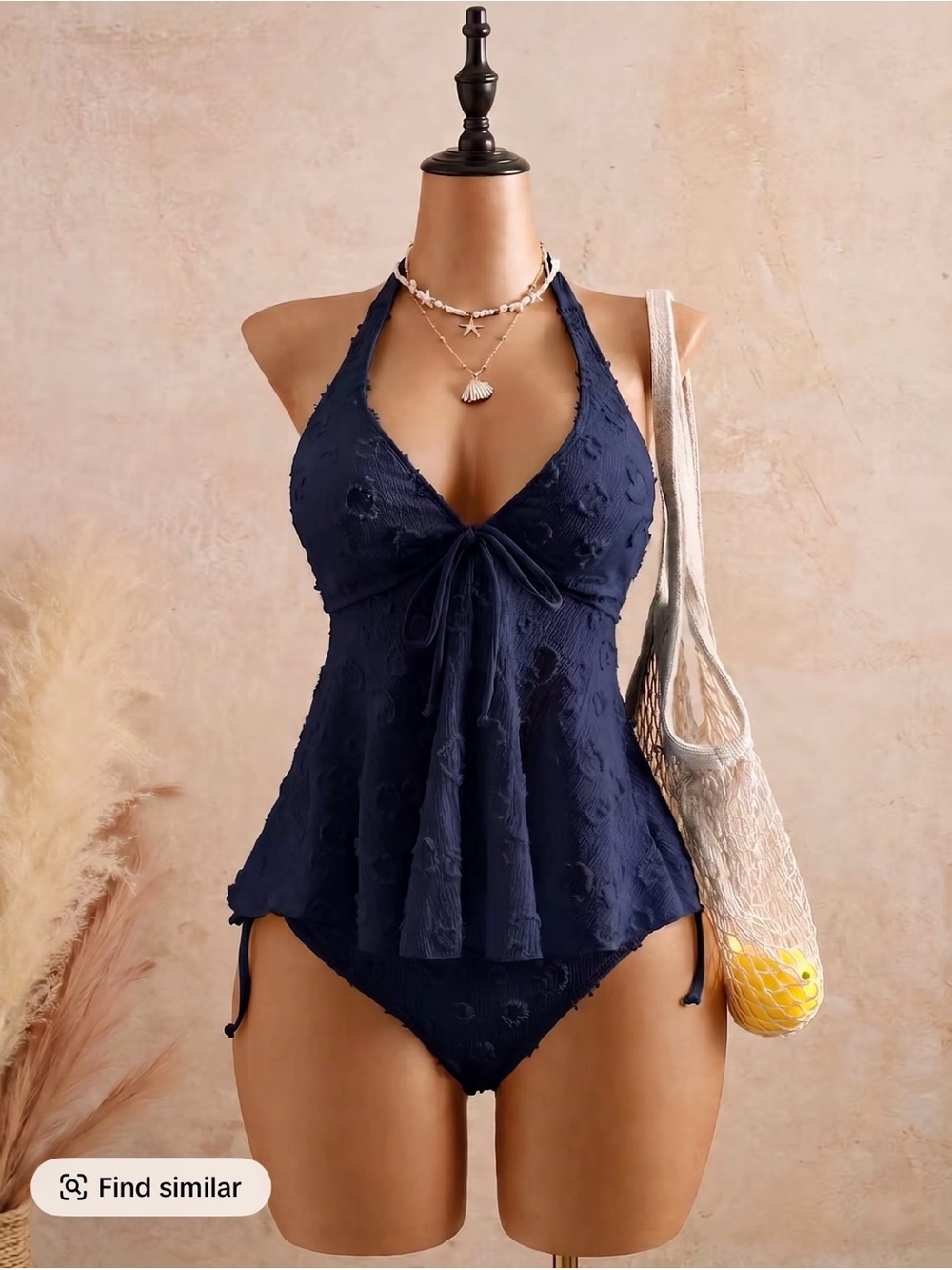 Navy Blue Textured Halter Tankini Set